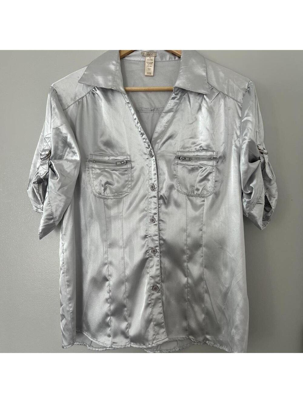 Y2K silver metallic button up shirt with pockets and zipper details